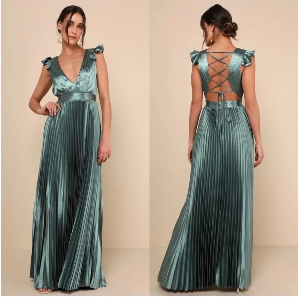 Lulus Exceptional drama Sage Green satin lace up Pleated Maxi Dress size XL New
